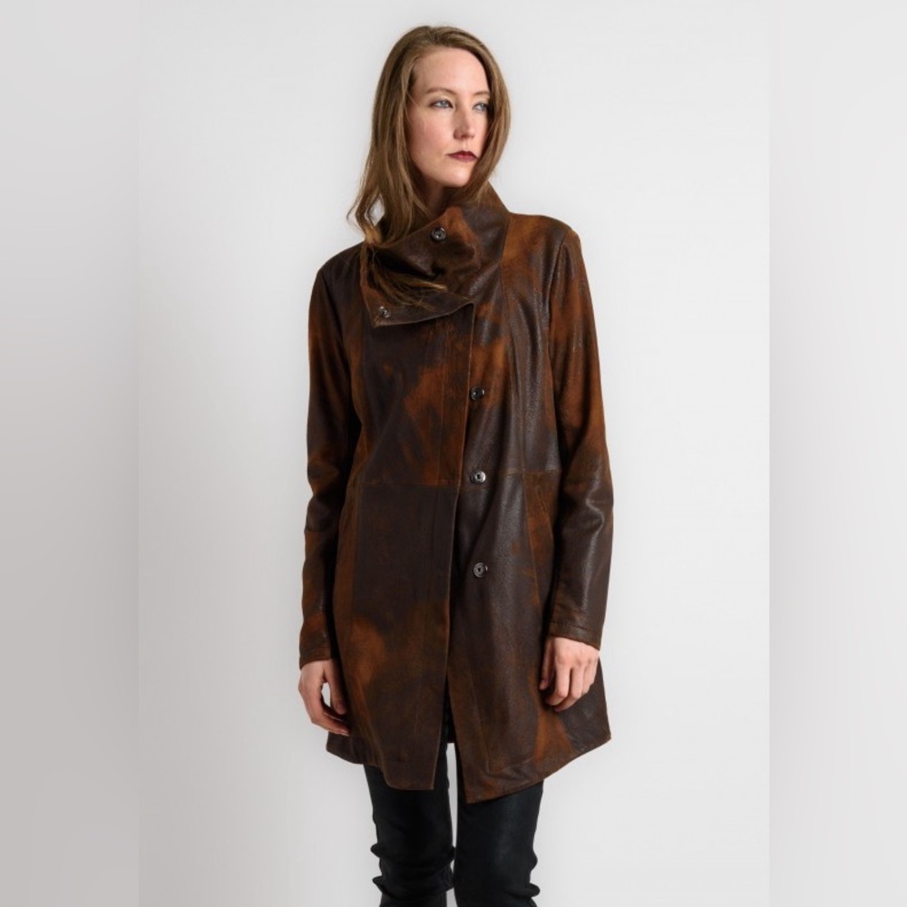 Gimos Brown Leather Button Front Coat Size Small